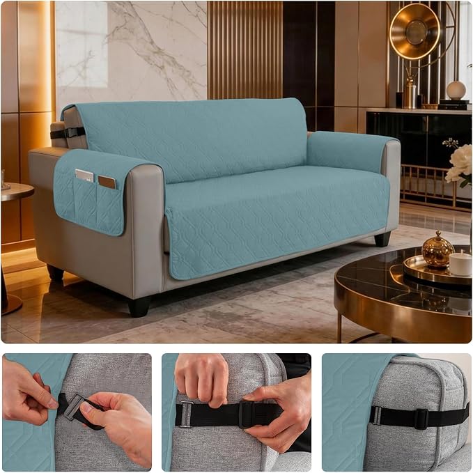 100% Waterproof Quilted Couch Cover,Straps&Pockets,68" Grayishblue | Washable sofa cover, pet-friendly, scratch-resistant furniture protector, quilted sofa cover, reversible, non-slip backing.