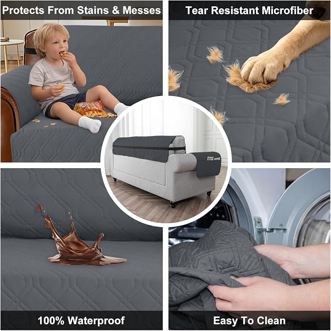 100% Waterproof Couch Cover,Straps&Pockets,pet Friendly,68" Gray | Washable sofa cover, pet-friendly, scratch-resistant furniture protector, quilted sofa cover, reversible, non-slip backing.