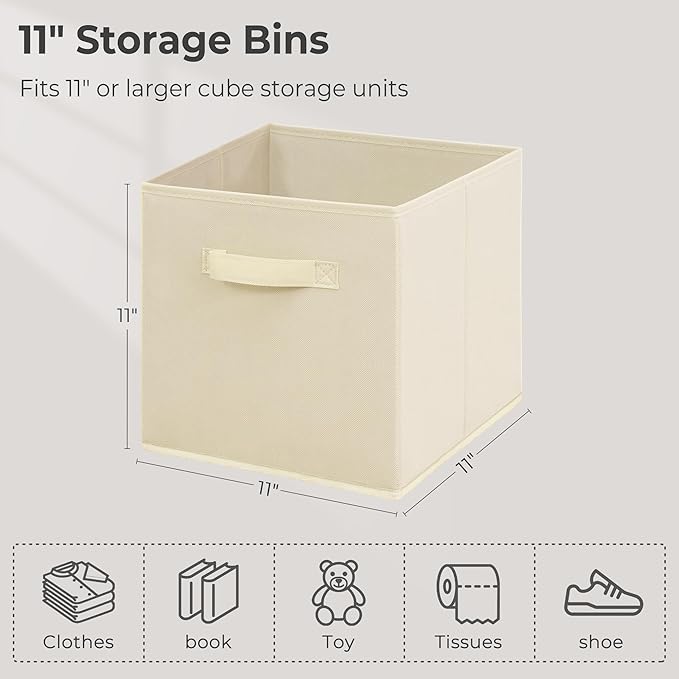 11 Inch Fabric Storage Cubes, Sturdy Foldable Storage Bins, Heavy Duty Cube Organizer for Clothes, Blankets, Shelves, Closets, Bedroom, Living Room, Beige, 5 Pack