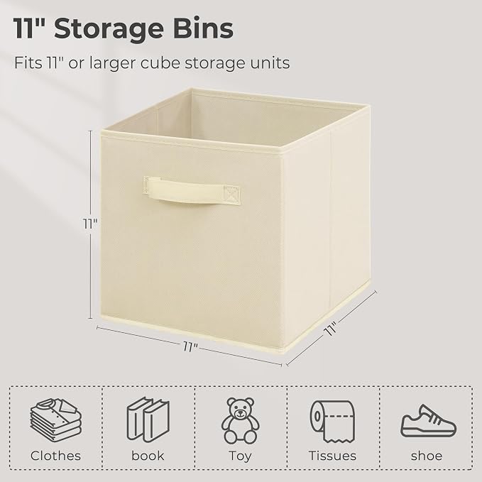 11 Inch Fabric Storage Cubes, Sturdy Foldable Storage Bins, Heavy Duty Cube Organizer for Clothes, Blankets, Shelves, Closets, Bedroom, Living Room, Beige, 6 Pack
