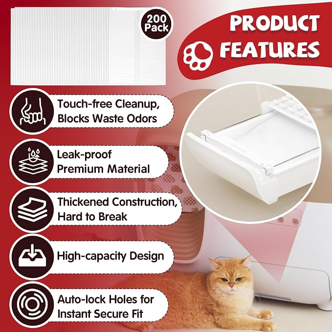 200 Pcs Self-Sealing Drawer Cat Litter Bags for Pet Snowy + Cat Litter Box | Pre-Punched Holes Anti-Shifting, Thickened & Wear-Resistant, Leakproof Secure Liner, Lock Litter Odor, Quick Install