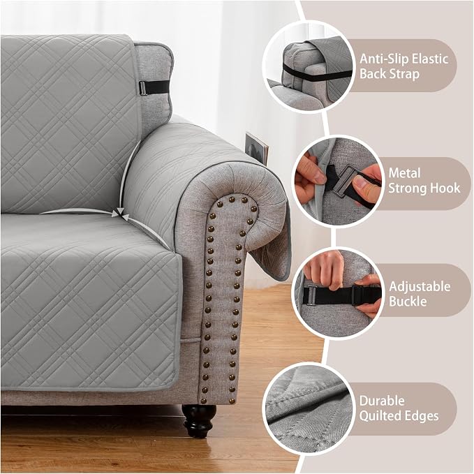 100% Waterproof Couch Cover for Dogs, Anti-Slip Washable Sofa Cover with Elastic Straps & Side Pockets, Durable Furniture Protector for Kids & Pets (Loveseat 46", Newgrey)