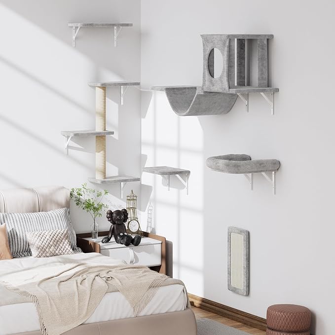 12-in-1 Cat Wall Shelves, Luxury Wall-Mounted Cat Climber Set | with Condos House, Scratching Post, Bridge Ladder, Indoor Space-Saving Furniture for Kittens .Gray