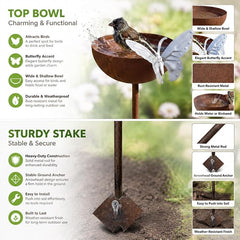 2 Pack Rusty Rain Catcher Garden Stake - Adjustable Metal Bird Feeder and Bath Bowl, Butterfly Style Vintage Outdoor Decor for Lawn Yard, Attracts Birds and Beneficial Insects