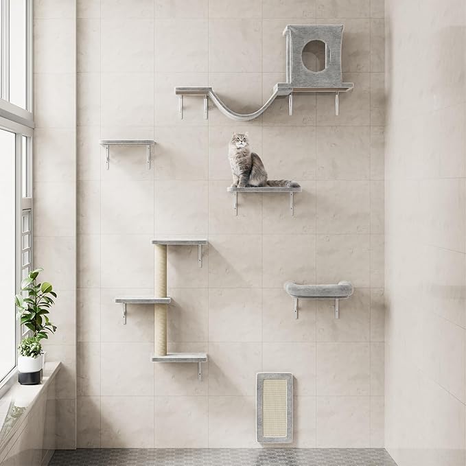 12-in-1 Cat Wall Shelves, Luxury Wall-Mounted Cat Climber Set | with Condos House, Scratching Post, Bridge Ladder, Indoor Space-Saving Furniture for Kittens .Gray
