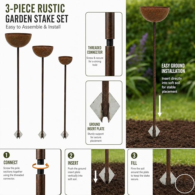 3 Pack Rustic Metal Bird Bath Stake Set for Outdoors, Garden Bird Bath Bowls with Ground Stakes, Bird Feeder Rain Catcher Wildlife Water Station for Birds, Bees & Butterflies