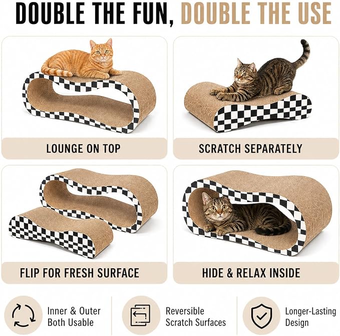 2 in 1 Large Cardboard Cat Scratcher Lounger, Cat Scratching Board for Indoor Cats, 100% Recyclable & Reversible Horizontal Scratching Pads Prevents Furniture Damage, Checkerboard