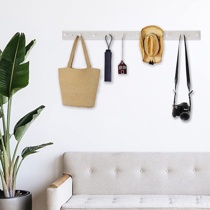 2PCS Coat Rack Wall Mounted, Long 38'' Wooden Wall Coat Hooks with 10 Pegs, Wall Peg Rail Hangers for Hanging Towels, Hats, Backpacks, Clothing, Caps(White)