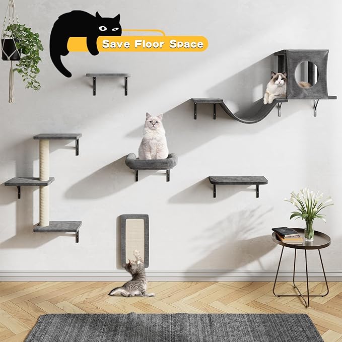 12-in-1 Cat Wall Shelves, Luxury Wall-Mounted Cat Climber Set | with Condos House, Scratching Post, Bridge Ladder, Indoor Space-Saving Furniture for Kittens, Dark Gray