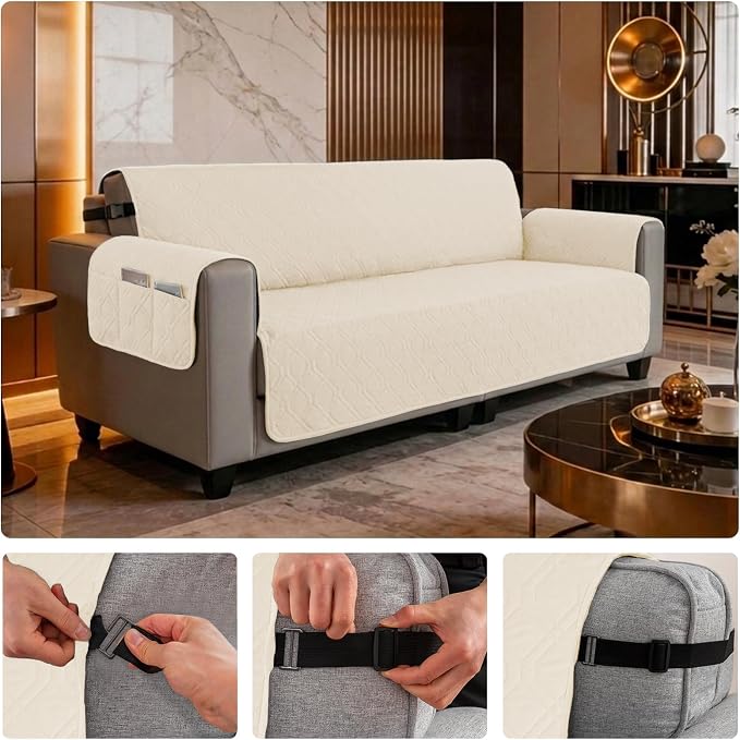 100% Waterproof Couch Cover, Straps&Pockets,pet Friendly,78" Beige | Washable sofa cover, pet-friendly, scratch-resistant furniture protector, quilted sofa cover, reversible, non-slip backing.