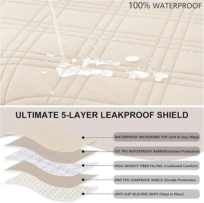 100% Waterproof Couch Cover for Dogs, Anti-Slip Washable Sofa Cover with Elastic Straps & Side Pockets, Durable Furniture Protector for Kids, Pets & Dogs (Armchair 23", Beige)