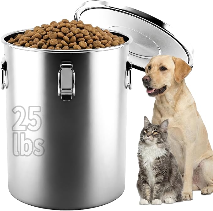 304 Stainless Steel Dog Food Storage Container, 25LB/30LB Airtight Pet Food Container with Locking Lid & Silicone Seal, Large Metal Food Storage Bin for Dry Dog/Cat Food, Rice, Flour (25 LBS)