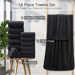 18 Piece Family Bath Towel Set Include 6 Bath Towels,6 Hand Towels and 6 Washcloths Soft Bathroom Towel with Hanging Loops,Highly Absorbent Quick Dry Towels Set for Bathroom,Hotel and Spa-Black