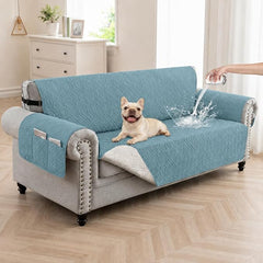 100% Waterproof Quilted Couch Cover,Straps&Pockets,68" Grayishblue | Washable sofa cover, pet-friendly, scratch-resistant furniture protector, quilted sofa cover, reversible, non-slip backing.