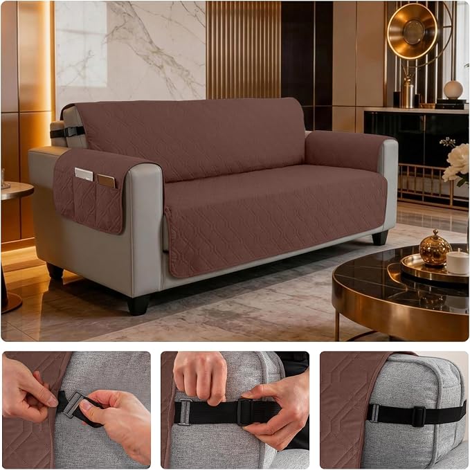 100% Waterproof Couch Cover,Straps&Pockets,pet Friendly,68" Coffee | Washable sofa cover, pet-friendly, scratch-resistant furniture protector, quilted sofa cover, reversible, non-slip backing.