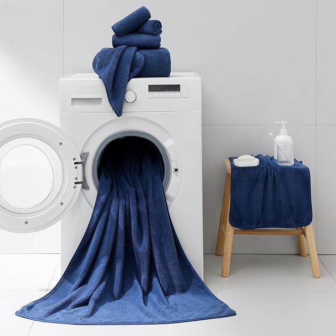 18 Piece Microfiber Bath Towels Set - 6 Bath Sheets,6 Hand Towels And 6 Washcloths,Soft Family Towels,Highly Absorbent Bathroom Towel,Quick Dry Shower Towel Luxury Towels For Hotel Spa Dorm-Navy Blue