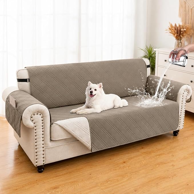100% Waterproof Couch Cover for Dogs, Washable Anti-Slip Sofa Cover with Elastic Straps & Side Pockets, Quilted Furniture Protector for Kids & Pets (3 Cushion 68", Camel)