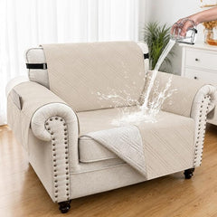 100% Waterproof Couch Cover for Dogs, Anti-Slip Washable Sofa Cover with Elastic Straps & Side Pockets, Durable Furniture Protector for Kids, Pets & Dogs (Armchair 23", Beige)