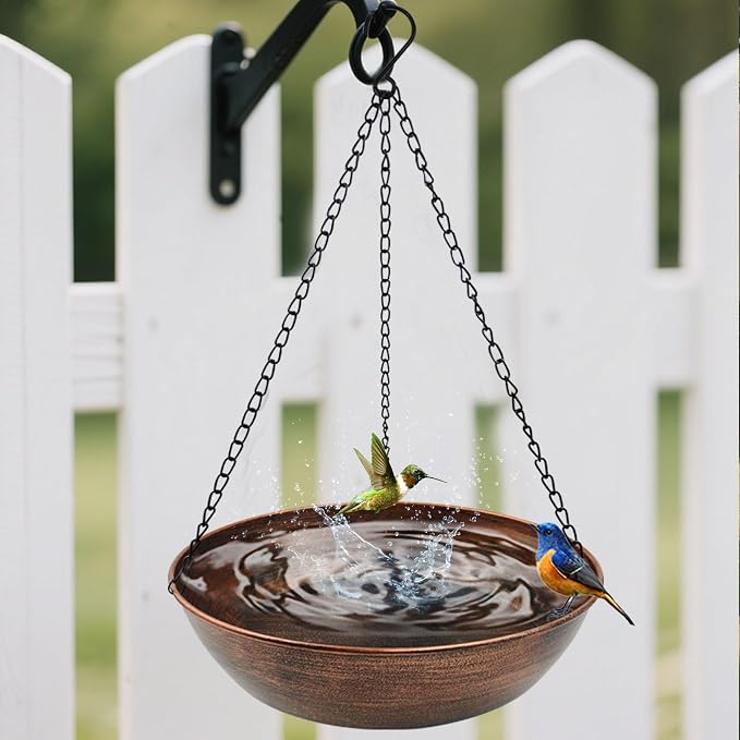 13" Metal Hanging Bird Bath with Chains and Hook | 3" Deep Bowl, 1.4Gal Capacity, 3 Chain Support, Easy Cleaning, Rust Resistant, Birdbath or Bird Feeder Garden Decor