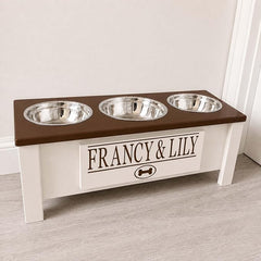 3 Bowl Dog Feeding Station, Personalized Triple Bowl Food Stand Medium Dogs | Farmhouse Style, Elevated Wood Stand, Storage Container, Stainless Steel Bowls, Raised Anti-Slip Feeder, Made in USA