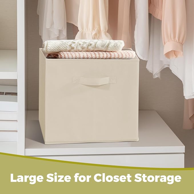 11 Inch Fabric Storage Cubes, Sturdy Foldable Storage Bins, Heavy Duty Cube Organizer for Clothes, Blankets, Shelves, Closets, Bedroom, Living Room, Beige, 12 Pack