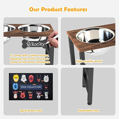 10" Tall Elevated Dog Bowls, Wooden & Metal Raised Dog Bowl Stand with 2 Stainless Steel Bowls-1700ml Capacity & Non-Slip Mat, Easy-Clean for Indoor/Outdoor Use