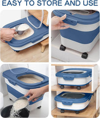 20-30 Lbs Rice Storage Container,Collapsible Food Storage Container | Flour Storage Container with Wheels Airtight Locking Lid,Rice Container Double Seal,Keep Fresh for Pet Food,Rice,Flour