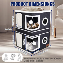 2-Story Cat House for Indoor Cats, Dual-Purpose Cat Cave Bed with Scratch Pad and Fluffy Ball, Foldable Cat Hideaway, Cute Cat Condo Furniture for Multi Small Pet Kitten, Dark Grey