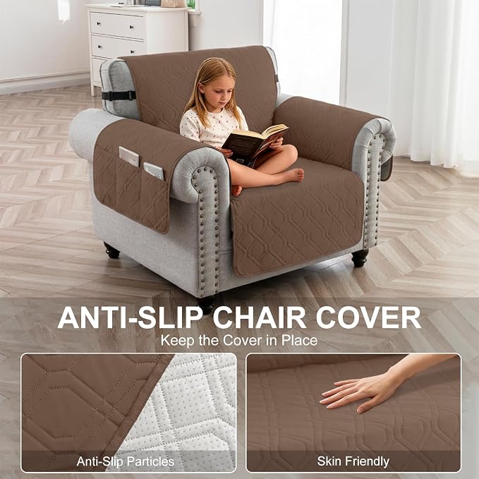 100% Waterproof Quilted Couch Cover,Straps&Pockets,23" Darkbrown | Washable sofa cover, pet-friendly, scratch-resistant furniture protector, quilted sofa cover, reversible, non-slip backing.