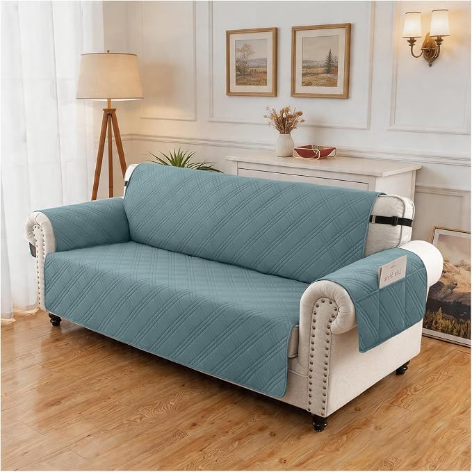 100% Waterproof Couch Cover for Dogs, Washable Anti-Slip Sofa Cover with Elastic Straps & Side Pockets, Quilted Furniture Protector for Kids & Pets (3 Cushion 68", Grayishblue)