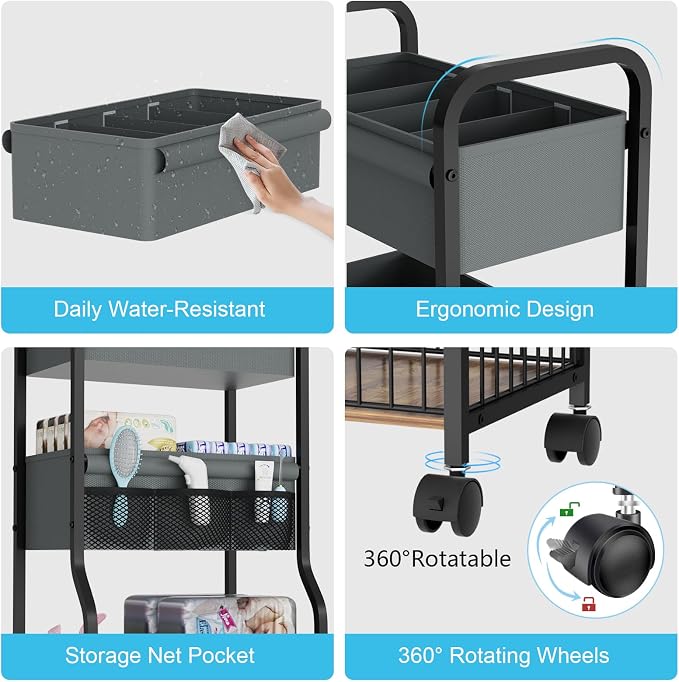 3-tier Baby Diaper Caddy Organizer and Storage Cart with 4+3 Dividers, Metal Utility Cart with Lockable Wheels for Nursery, Bedroom, Bathroom, Black