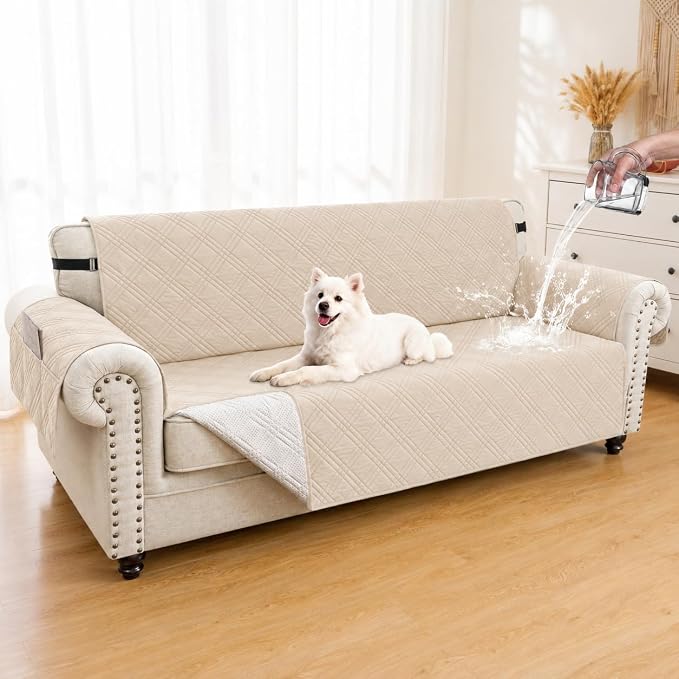 100% Waterproof Couch Cover for Dogs, Washable Anti-Slip Sofa Cover with Elastic Straps & Side Pockets, Quilted Furniture Protector for Kids & Pets (3 Cushion 68", Beige)