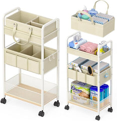 2In1 Baby Diaper Caddy & 3-Tier Rolling Cart, Diaper Caddy Organizer Carts with Dividers, Mobile Metal Utility Cart for Nursery Essentials, Detachable Bedside Cart, Large Capacity, White