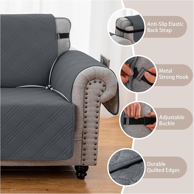 100% Waterproof Couch Cover for Dogs, Anti-Slip Washable Sofa Cover with Elastic Straps & Side Pockets, Durable Furniture Protector for Kids, Pets & Dogs (Armchair 23", Gray)