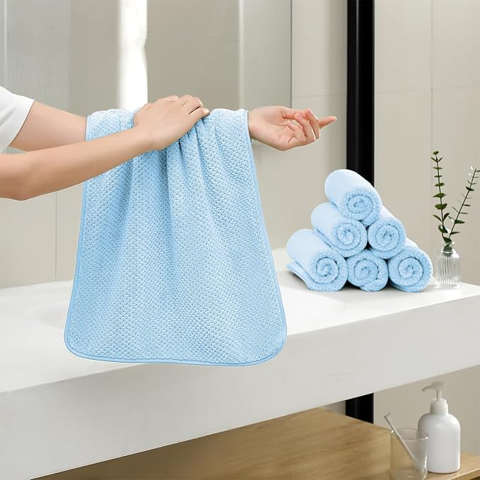 18 Piece Microfiber Bath Towels Set - 6 Bath Sheets,6 Hand Towels And 6 Washcloths,Soft Family Towels,Highly Absorbent Bathroom Towel,Quick Dry Shower Towel Luxury Towels For Hotel Spa Dorm-Blue