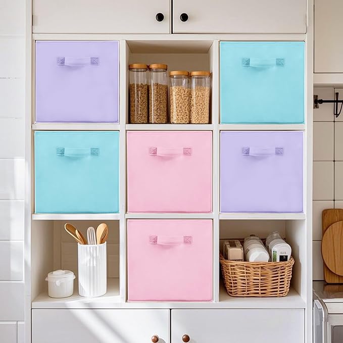 11 Inch Fabric Storage Cubes, Sturdy Foldable Storage Bins, Heavy Duty Cube Organizer for Clothes, Blankets, Shelves, Closets, Bedroom, Living Room, Multi-Color, 6 Pack