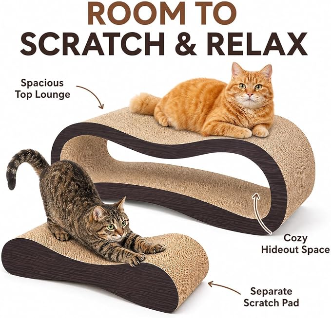 2 in 1 Cat Scratcher Cardboard Lounge Bed, Cat Scratching Post, Durable Board Pads Prevents Furniture Damage,Large,Brown