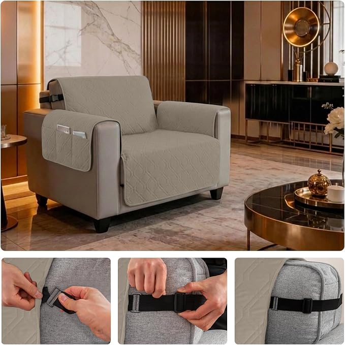 100% Waterproof Couch Cover,Straps&Pockets,pet Friendly,23" Camel | Washable sofa cover, pet-friendly, scratch-resistant furniture protector, quilted sofa cover, reversible, non-slip backing.