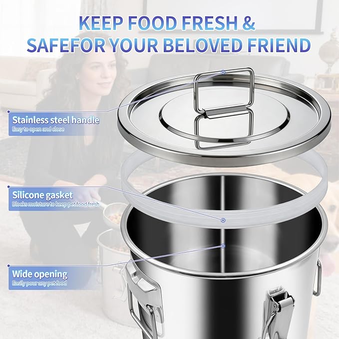 10 lb Stainless Steel Dog Food Storage Container, Airtight Metal Pet Food Storage Bin with Lid and Scoop, Large Dog Food Container for Dry Food, Keep Fresh, Easy to Clean