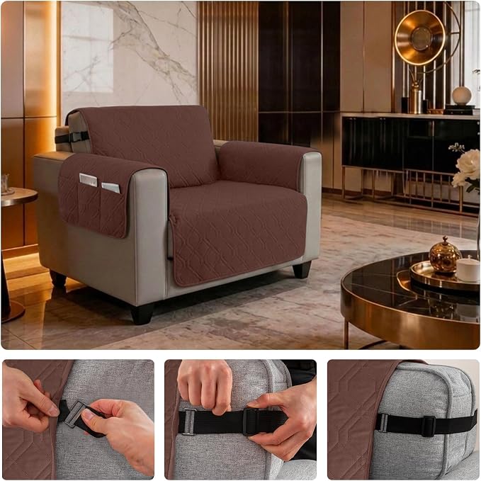 100% Waterproof Couch Cover,Straps&Pockets,pet Friendly,23" Coffee | Washable sofa cover, pet-friendly, scratch-resistant furniture protector, quilted sofa cover, reversible, non-slip backing.