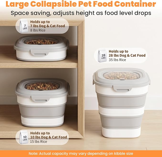 28 Lbs Dog Food Storage Container, Collapsible Cat Food Container | Airtight Pet Food Storage Containers with Wheels, Clear Window, Measuring Cup and Scoop, BPA Free for Rice, Flour, Bird Seed