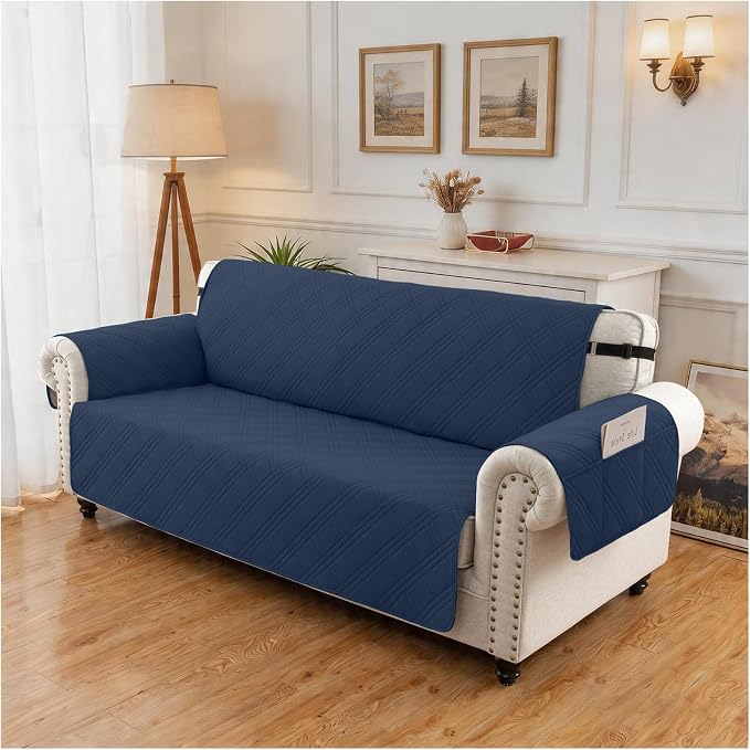 100% Waterproof Couch Cover for Dogs, Washable Anti-Slip Sofa Cover with Elastic Straps & Side Pockets, Quilted Furniture Protector for Kids & Pets (3 Cushion 68", Navyblue)
