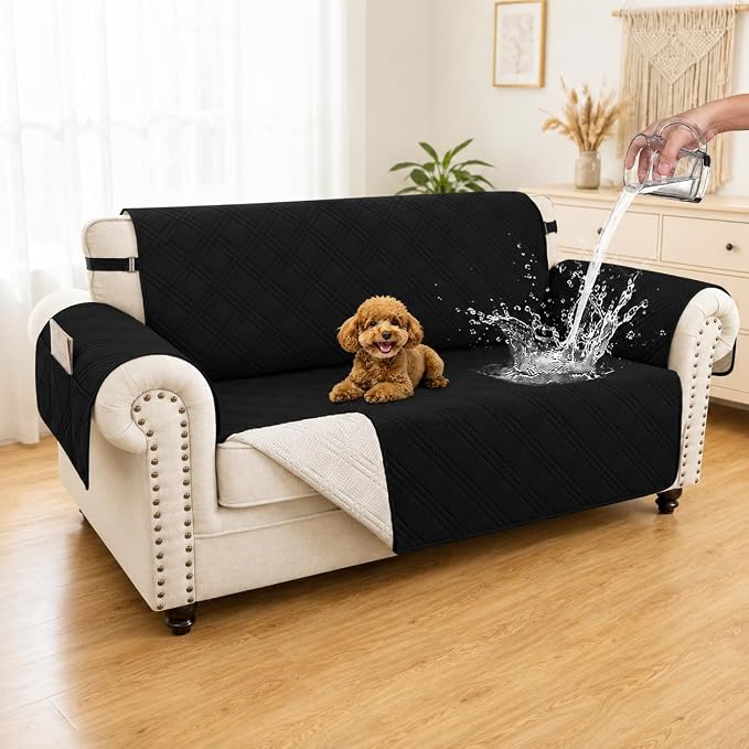 100% Waterproof Couch Cover for Dogs, Anti-Slip Washable Sofa Cover with Elastic Straps & Side Pockets, Durable Furniture Protector for Kids & Pets (Loveseat 46", Black)