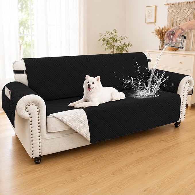 100% Waterproof Couch Cover for Dogs, Washable Anti-Slip Sofa Cover with Elastic Straps & Side Pockets, Quilted Furniture Protector for Kids & Pets (3 Cushion 68", Black)