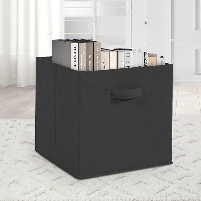 11 Inch Fabric Storage Cubes, Sturdy Foldable Storage Bins, Heavy Duty Cube Organizer for Clothes, Blankets, Shelves, Closets, Bedroom, Living Room, Black, 12 Pack