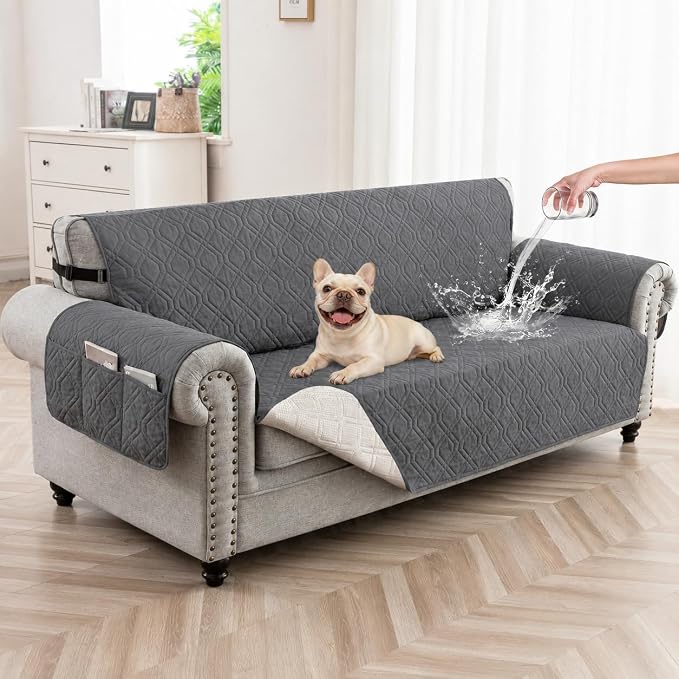 100% Waterproof Couch Cover,Straps&Pockets,pet Friendly,68" Gray | Washable sofa cover, pet-friendly, scratch-resistant furniture protector, quilted sofa cover, reversible, non-slip backing.