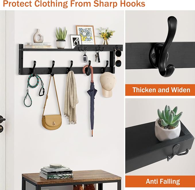 29'' Coat Rack Wall Mount with Shelf, Coat Hanger Wall Mount with Key Hooks and Mail Holder, Wood Entryway Floating Shelf with Hooks and Storage, Hat Rack for Wall Key Holder Mail Organizer