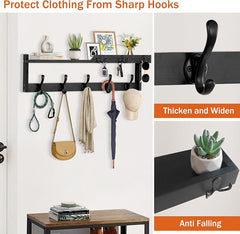 29'' Coat Rack Wall Mount with Shelf, Coat Hanger Wall Mount with Key Hooks and Mail Holder, Wood Entryway Floating Shelf with Hooks and Storage, Hat Rack for Wall Key Holder Mail Organizer