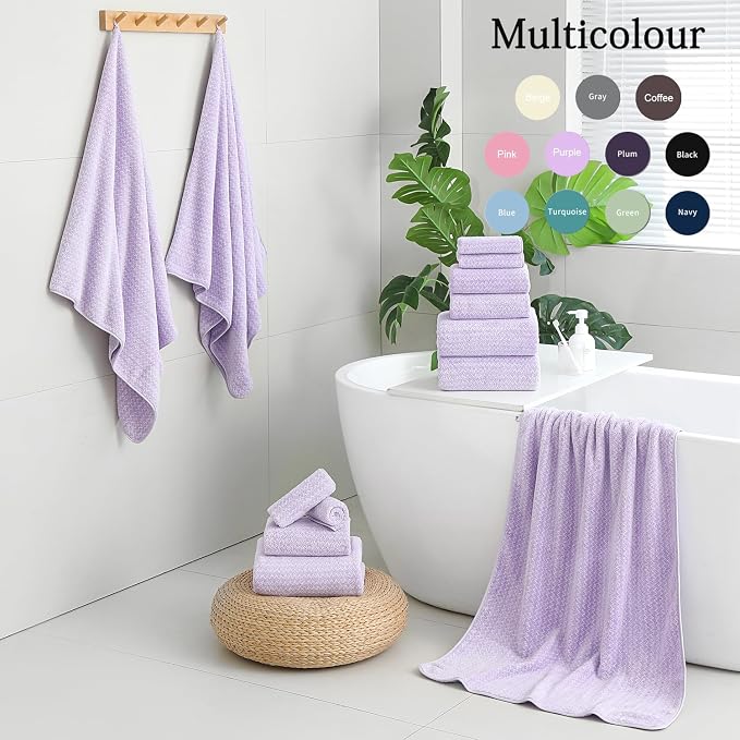 18 Piece Bath Towels Set,100% Microfiber Family Bathroom Towel with Hanging Loops-6 Bath Towels,6 Hand Towels,6 Washcloths,Quick Dry Highly Absorbent Shower Towel for Bathroom,Hotel,Spa-Light Purple