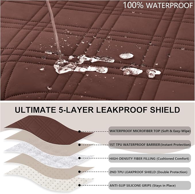 100% Waterproof Couch Cover for Dogs, Washable Anti-Slip Sofa Cover with Elastic Straps & Side Pockets, Quilted Furniture Protector for Kids & Pets (Oversize Sofa 78", Coffee)
